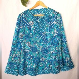 ST. JOHN Casual Vintage Paisley Blue Comfortable Blouse Size Small